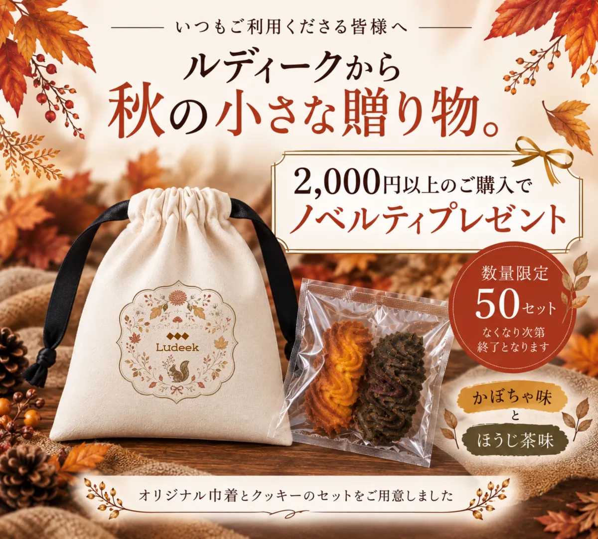 ルディークの秋のノベルティ案内。2,000円以上の購入でオリジナル巾着と、かぼちゃ味・ほうじ茶味のクッキーをプレゼント。数量限定50セット